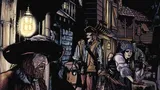 Dark alley at night with cobblestone street. Four characters: pirate with wide-brimmed hat and beard, pirate with tricorn hat, woman in lace dress with bonnet, and another woman in cloak. Lanterns illuminate the scene. Text reads: "Pirate Adventures."