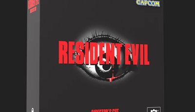 A black box featuring the title "RESIDENT EVIL" in bold red letters, with a stylized eye graphic in the center. Below the title, the text "DIRECTOR'S CUT KICKSTARTER EDITION" is displayed in orange, while "SURVIVAL HORROR" is highlighted in pink. The Capcom logo is positioned at the top right corner, and the Steamforged Games logo is located at the bottom left.
