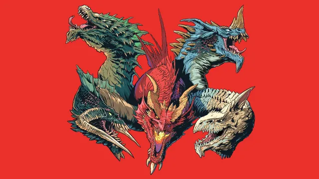 Four stylized dragons face off against each other in mid-air against a solid red background. The dragons vary in color: one is green with sharp, jagged frills along its neck and back; one is blue with a ridged spine and curved horns; one is red with a muscular, almost demonic appearance and glowing yellow-orange eyes; and one is beige with a bony, skeletal structure and pronounced teeth. Their mouths are open, revealing sharp fangs, and their wings are spread wide. No text or other objects are visible.