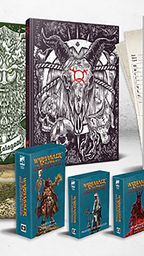 A collection of items from the forthcoming Warhammer: the Old World roleplaying game is displayed prominently. In the background, two large hardback books, the Player's Guide and Gamemaster's Guide, feature intricate cover art, while a character sheet pad is visible to the right. In the foreground, various reference card packs and a set of dice are arranged neatly, showcasing their colorful designs and thematic artwork.