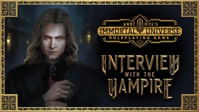 A man with long brown hair, pale skin, and a serious expression, wearing a dark suit jacket, purple tie, and white shirt. Dark, ornate background with partial text reading "IMMORTAL" and "Renegade Game Studios" logo.