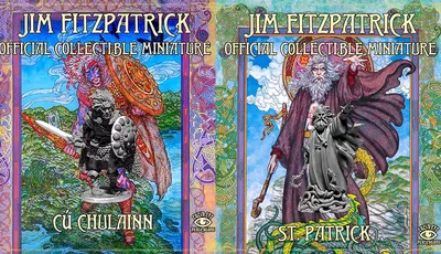 The image features two collectible miniature boxes from Lucid Eye Publications, showcasing artwork inspired by Jim Fitzpatrick. On the left, the box for "Cú Chulainn" displays a dynamic illustration of the legendary hero, adorned with intricate Celtic patterns and vibrant colors. On the right, the "St. Patrick" box features a detailed depiction of the saint, surrounded by swirling clouds and lush greenery, with a sculpted miniature prominently displayed in the foreground.