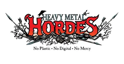 The logo for "Heavy Metal Hordes" features bold, stylized text in red and black, with a dramatic gradient transitioning from orange to red at the top. Surrounding the text are intricate illustrations of skeletal figures and branches, enhancing the old-school fantasy theme. The tagline "No Plastic • No Digital • No Mercy" is prominently displayed beneath the main title, emphasizing the traditional approach of the miniatures.
