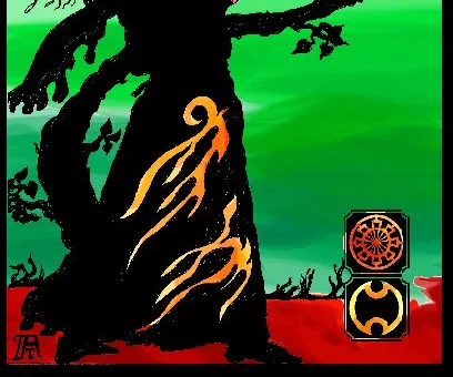 A silhouetted figure, possibly a mage, stands with arms raised against a vibrant gradient background of green and yellow. The figure is adorned with flowing robes featuring flame-like designs, and a dragon-like creature spirals above. In the lower right corner, there are two symbols, one circular and one resembling a stylized flame, adding to the mystical theme.