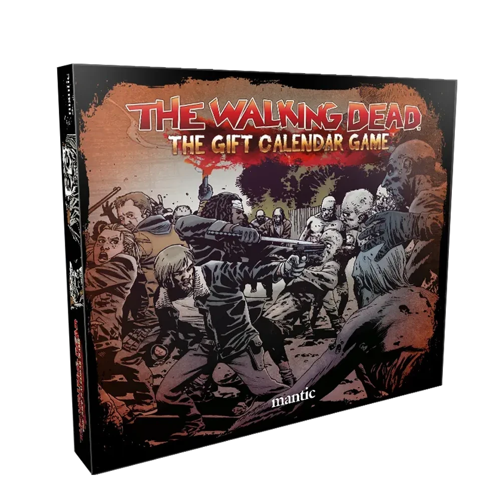 A box for "The Walking Dead: The Gift Calendar Game" features a dramatic illustration of characters engaged in a tense confrontation with zombies. The artwork showcases a chaotic scene with several figures wielding weapons, set against a backdrop of a desolate landscape. The title is prominently displayed at the top in bold red letters, with the Mantic logo at the bottom.