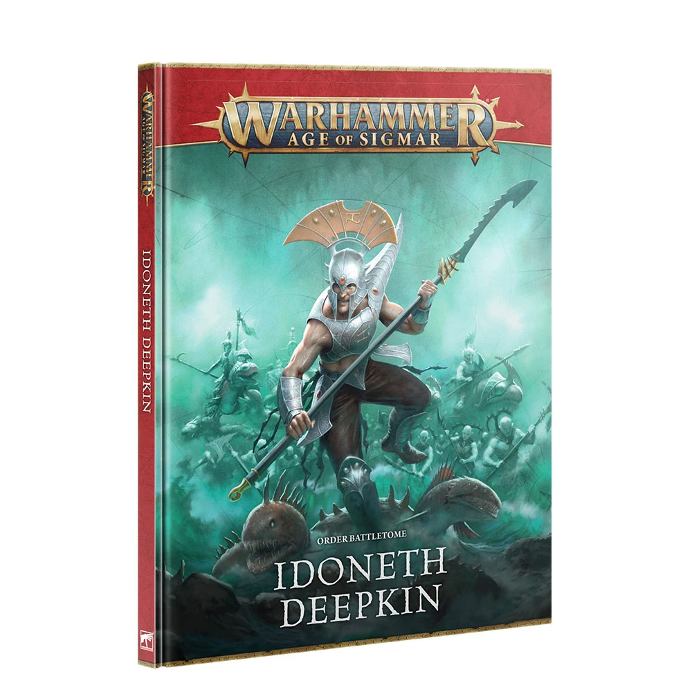A detailed Battletome titled "Idoneth Deepkin" features a striking cover illustration of a muscular aelf warrior wielding a spear, adorned with a distinctive helmet and armor. The background depicts a tumultuous underwater scene with various aquatic creatures and additional aelves, emphasizing the high-seas theme. The title is prominently displayed at the bottom, with the Games Workshop logo at the top, set against a color palette of greens and blues, evoking a sense of oceanic adventure.