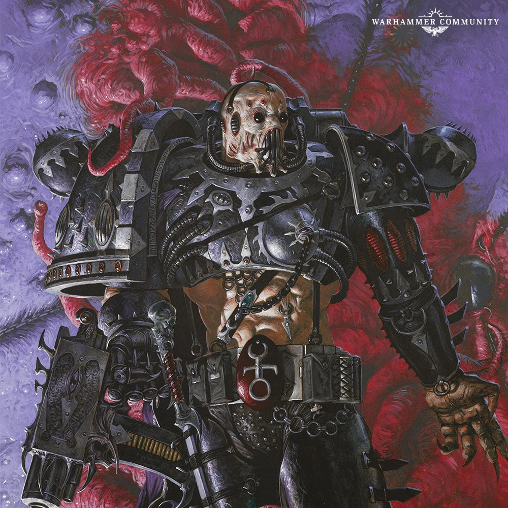 A heavily armored figure representing the Emperor's Children stands prominently, showcasing intricate details such as spikes, chains, and a skull-like face. The armor is predominantly black with metallic accents, and the character holds a weapon adorned with various symbols. The background features a surreal, purple and red organic texture, enhancing the chaotic and hedonistic theme of the design.