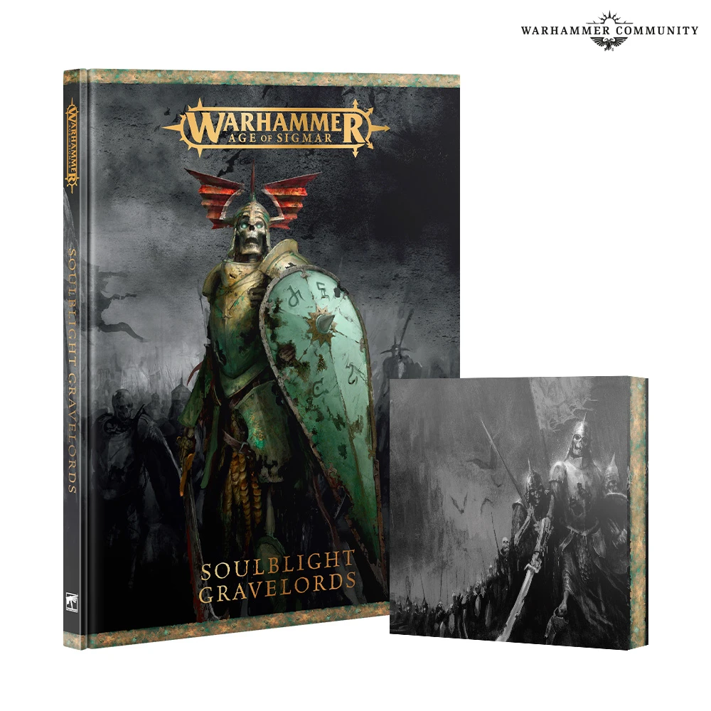 A prominent book titled "Soulblight Gravelords" from the Warhammer Age of Sigmar series is displayed, featuring a striking cover illustration of a skeletal figure adorned with a green shield and red wings. Beside it, a smaller book showcases a dark, atmospheric image of skeletal warriors marching with swords raised. The overall color scheme includes dark tones with hints of green and red, emphasizing the eerie theme of the Soulblight Gravelords.