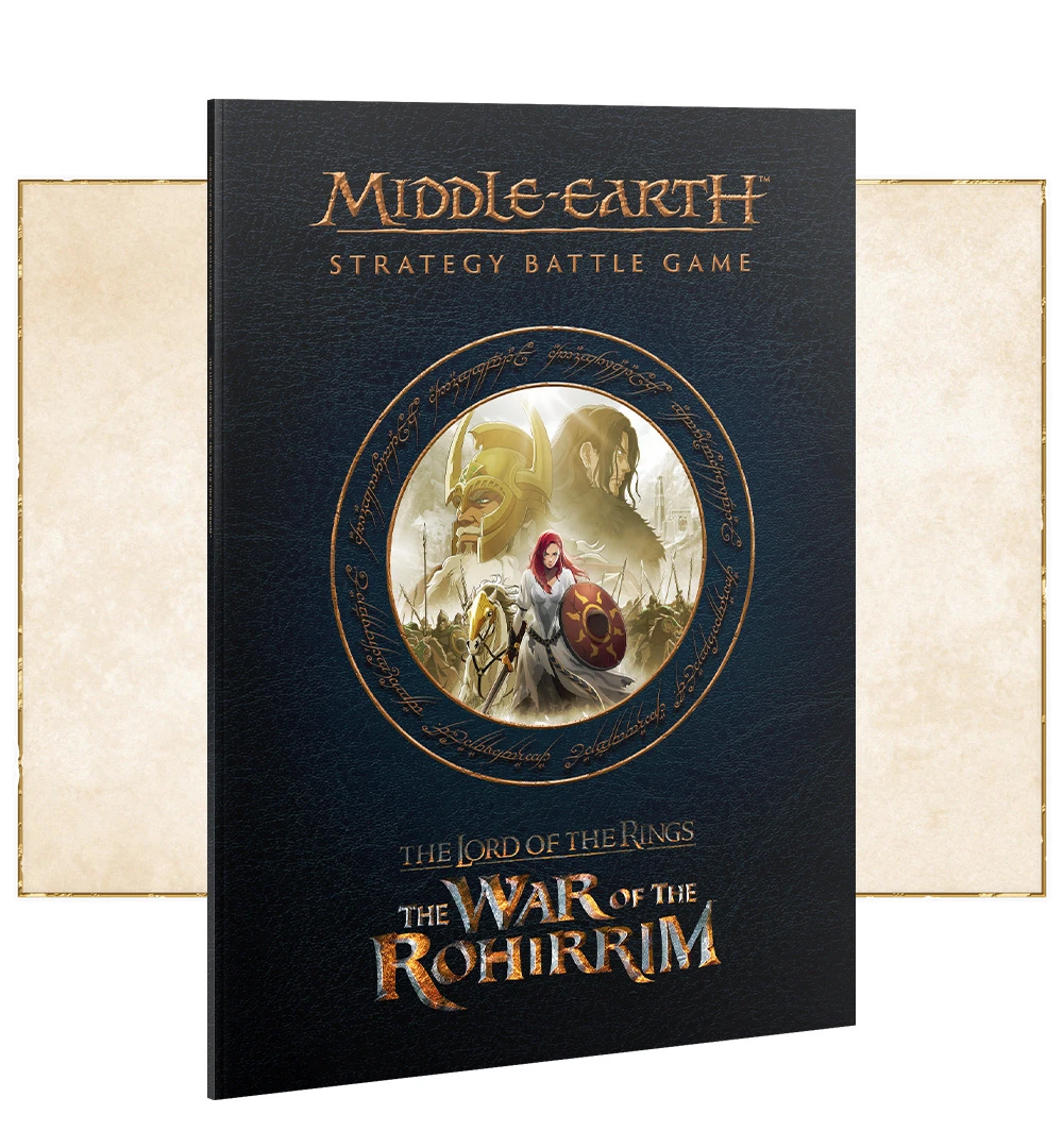 A dark blue cover features the title "Middle-earth Strategy Battle Game" at the top, with "The Lord of the Rings" and "The War of the Rohirrim" prominently displayed below. In the center, a circular illustration depicts Helm Hammerhand, a warrior in armor, alongside a woman holding a shield, set against a backdrop of a battle scene. The cover is bordered with intricate designs, enhancing its fantasy theme.