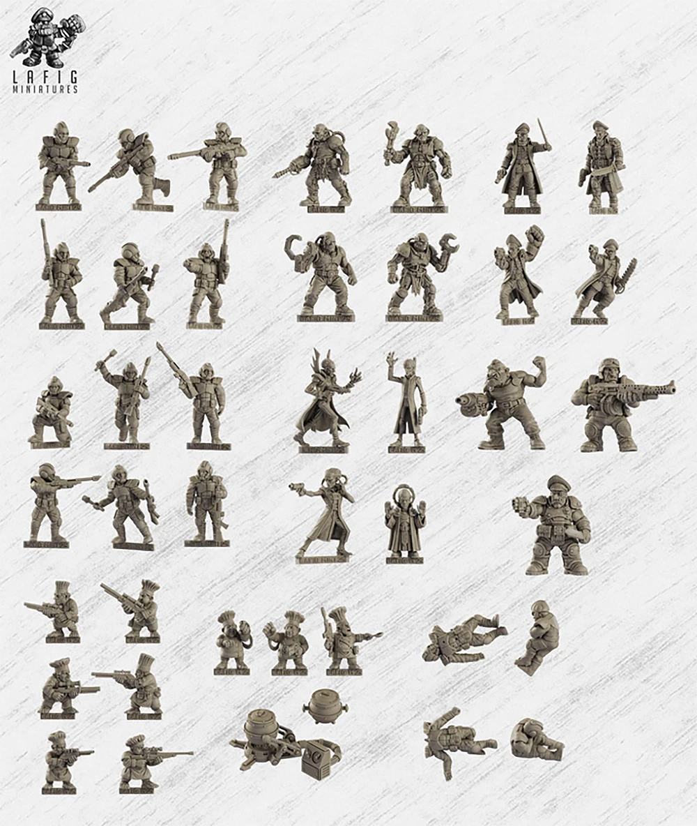 A collection of 41 28mm scale miniatures from LaFig Miniatures' "Space Troopers" Kickstarter campaign, displayed against a light textured background. The miniatures include various troopers, such as grunts, ogryns, psykers, and cyborg servitors, each showcasing dynamic poses and intricate details. Notable figures include halfling combat chefs with powergloves and sniper rifles, as well as casualties, all rendered in a neutral gray color.