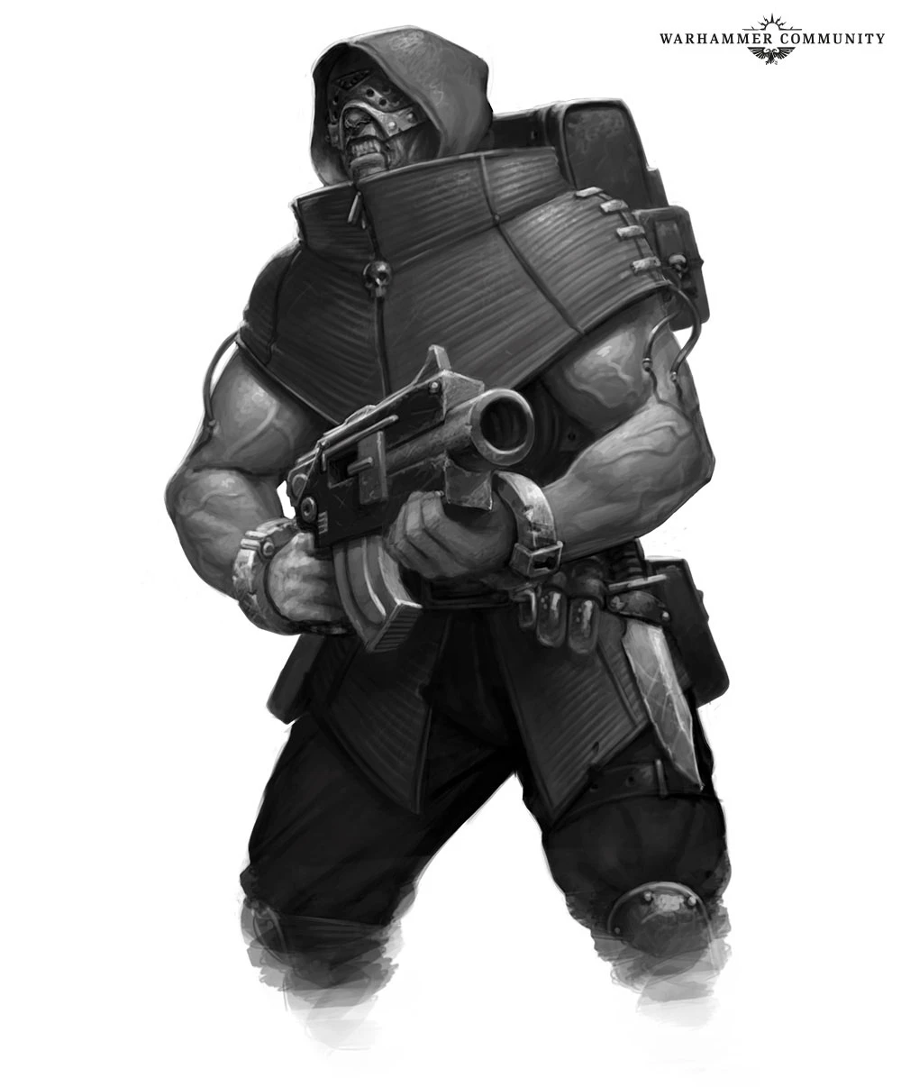 A muscular figure known as Vandoth the Fallen stands menacingly, clad in a dark, hooded cloak and armored vest. He holds a futuristic firearm, showcasing his imposing presence and readiness for battle. The character's face is partially obscured, adding to his intimidating aura, while various pouches and weapons are visible on his belt, emphasizing his role as a formidable opponent in the Necromunda universe.