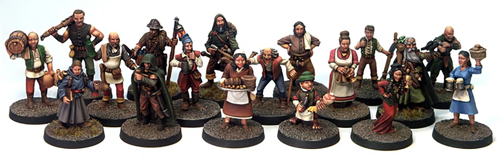 A collection of detailed miniatures representing various fantasy tavern patrons and villagers, arranged in two rows on textured bases. The figures include a mix of characters such as a hooded figure, a woman holding a tray of baked goods, and several others in period-appropriate attire, showcasing a variety of poses and expressions. The overall scene captures the lively atmosphere of a fantasy tavern setting, ideal for tabletop RPGs.