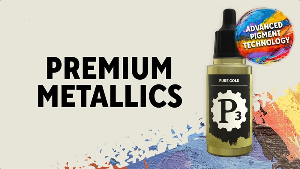 A bottle of P3 Paints' "Pure Gold" metallic paint is prominently displayed, featuring a sleek design with a black label and the P3 logo. The background includes vibrant splashes of color, suggesting a creative atmosphere, while bold text reads "PREMIUM METALLICS" alongside a circular badge stating "ADVANCED PIGMENT TECHNOLOGY." The overall composition emphasizes the quality and innovation of the paint.