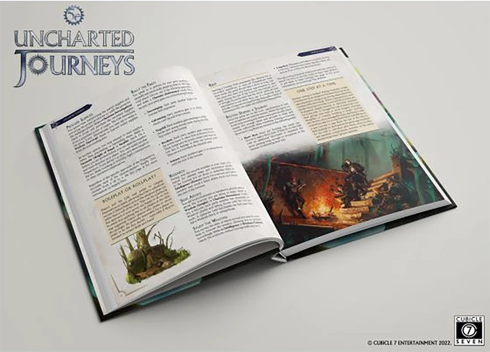 An open book titled "Uncharted Journeys" displays various sections of text and illustrations. One page features a detailed image of adventurers gathered around a campfire, with a backdrop of dark, mysterious woods. The opposite page contains text discussing journey rules and exploration, alongside smaller illustrations, including a creature peeking from behind foliage.
