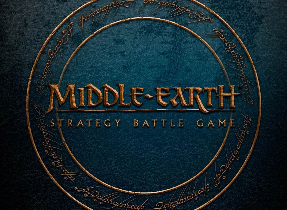 The image features the title "MIDDLE-EARTH STRATEGY BATTLE GAME" prominently displayed in a bold, stylized font, set against a textured dark blue background. Surrounding the title is a circular design that includes intricate, golden script, reminiscent of Tolkien's lore. The overall aesthetic conveys a sense of adventure and fantasy, aligning with the themes of the game.