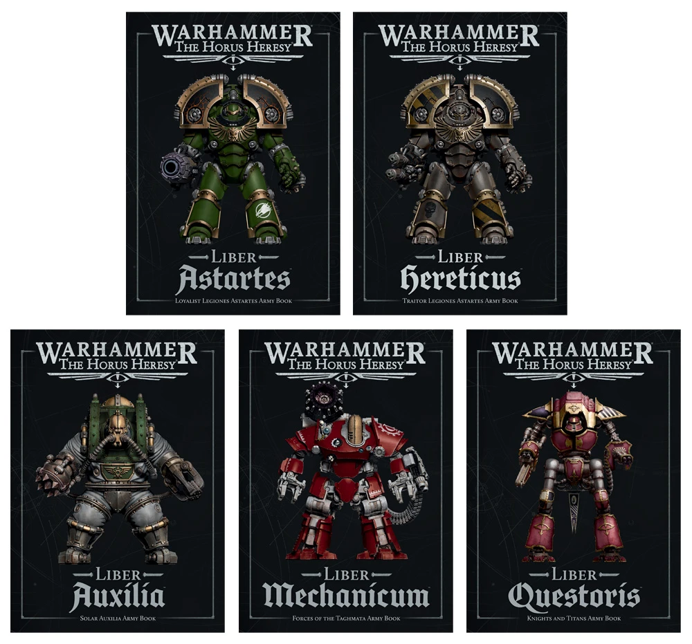 Five new Liber books for "Warhammer: The Horus Heresy" are displayed, each featuring distinct cover art. The covers include illustrations of armored figures representing various factions: a green-armored Loyalist Astartes for "Liber Astartes," a gray-armored Traitor Astartes for "Liber Hereticus," a bulky figure for "Liber Auxilia," a robotic character for "Liber Mechanicum," and a knightly figure for "Liber Questoris." Each book is titled prominently at the bottom, with a dark background that enhances the vibrant colors of the characters.