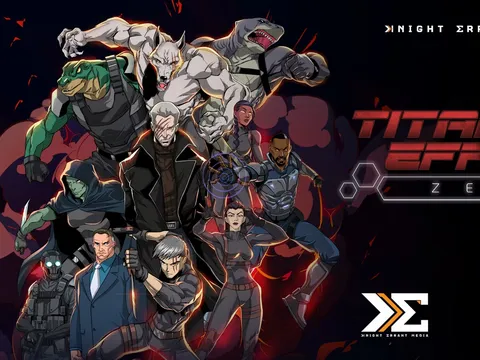 Group of twelve animated characters in dynamic poses, set against a dark, fiery background. Central figure wears a black trench coat with glowing symbols, flanked by armored soldiers, a green-skinned figure, and a robotic figure. One character holds a glowing orb, another wields a knife.