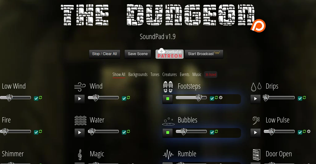 A page from the site showing all the different soundscape elements for dungeons