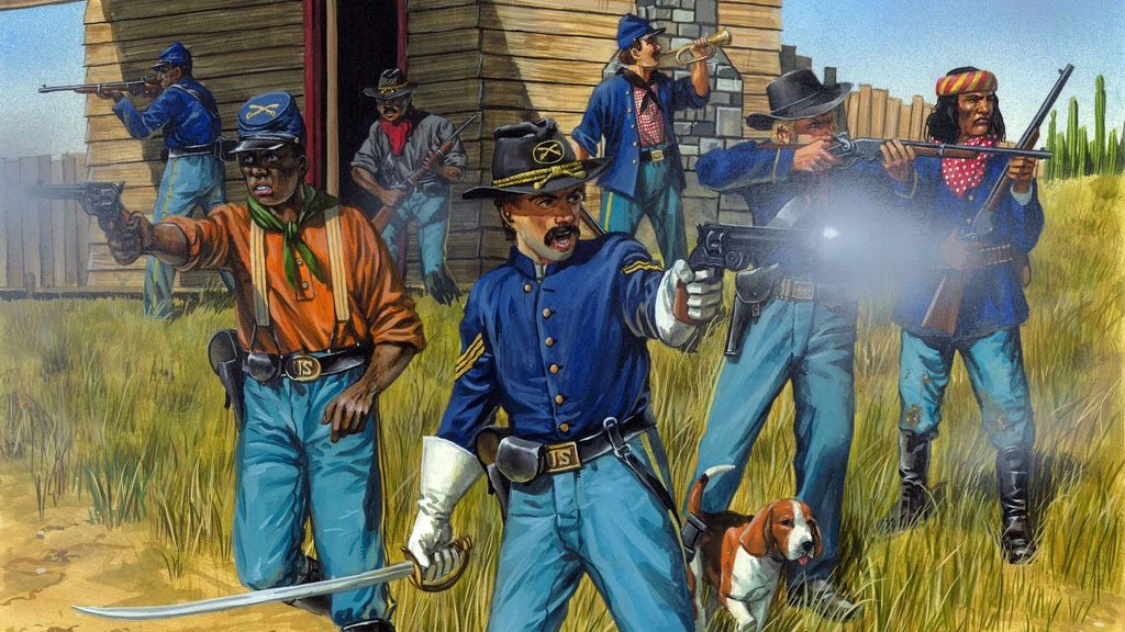 A group of dismounted US Cavalry soldiers is depicted in a dynamic scene set in a grassy landscape. The central figure, wearing a blue uniform with gold accents, is aiming a pistol, while other soldiers are positioned around him, some holding rifles and a bugle. A beagle is present at the forefront, adding a playful element to the scene, which is framed by wooden structures and cacti in the background.