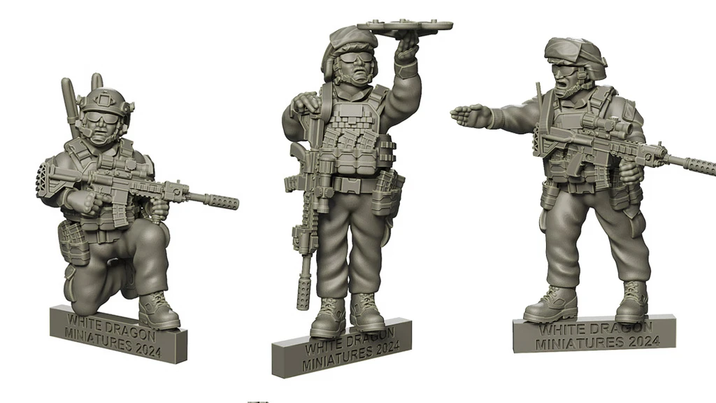 Three detailed miniature figures of U.S. Marines are displayed, each standing on a base labeled "WHITE DRAGON MINIATURES 2024." The first figure holds a weapon in one hand and gestures with the other, while the second figure points forward, equipped with tactical gear and a rifle. The third figure stands with a weapon slung, showcasing a realistic portrayal of modern military equipment.