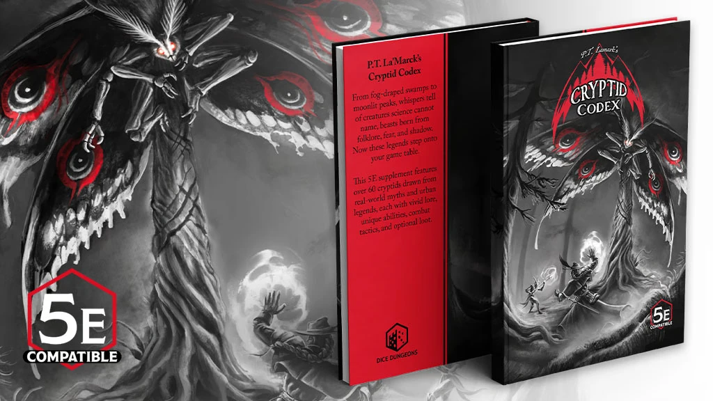 A striking illustration features a large, ominous moth-like creature with glowing red eyes and intricate wings, set against a dark, swirling background. In the foreground, a figure appears to be casting a spell, with a glowing orb in hand, while another figure gestures in surprise. The image also includes two books titled "P.T. LaMarck's Cryptid Codex," with a red spine displaying text about the supplement's content and compatibility with 5E gameplay.