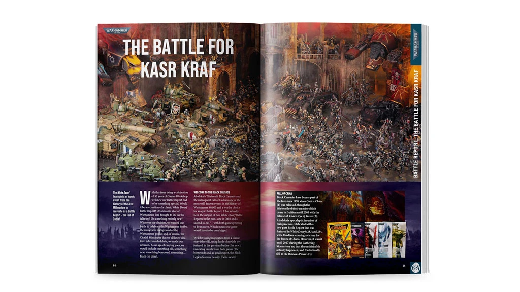 A detailed diorama depicts a chaotic battle scene for "Kasr Kraf," featuring numerous miniature figures representing various factions, including armored vehicles and infantry. The background showcases a ruined urban environment with crumbling buildings and debris, while the foreground highlights a mix of characters engaged in combat. The text at the top announces the battle report, and additional information is provided in the lower section of the spread.