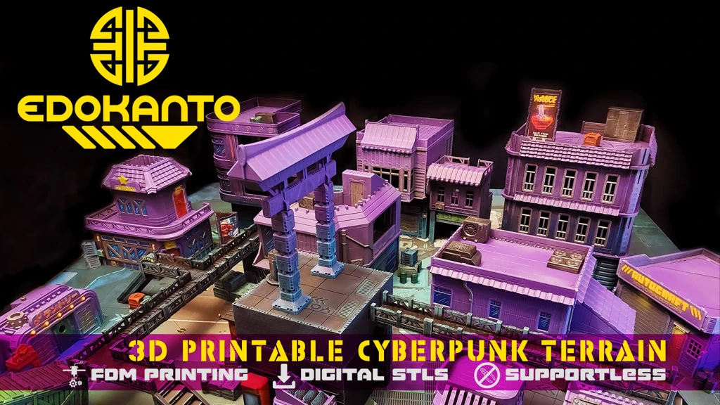 A vibrant display of cyberpunk-inspired 3D printable buildings showcases a variety of structures, including a large three-floor building with a distinctive roof and smaller mid-sized buildings with intricate details. The scene features a mix of purple and blue hues, with elements like bridges and signage enhancing the futuristic aesthetic. Prominent text at the bottom highlights the campaign's focus on FDM printing and digital STL files, emphasizing its accessibility for tabletop gaming.