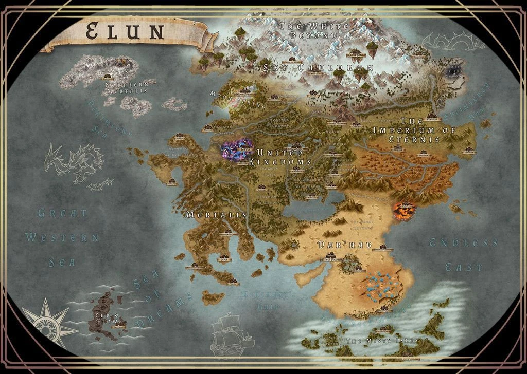 A detailed fantasy map of Elun, showcasing various regions and geographical features. The map includes labeled areas such as "Great Western Sea," "Sea of Dreams," and "United Kingdoms," with illustrations of mountains, forests, and a dragon symbol. Decorative elements like a compass rose and ornate borders enhance the map's aesthetic, emphasizing its role in the Shards of Gods tabletop game.