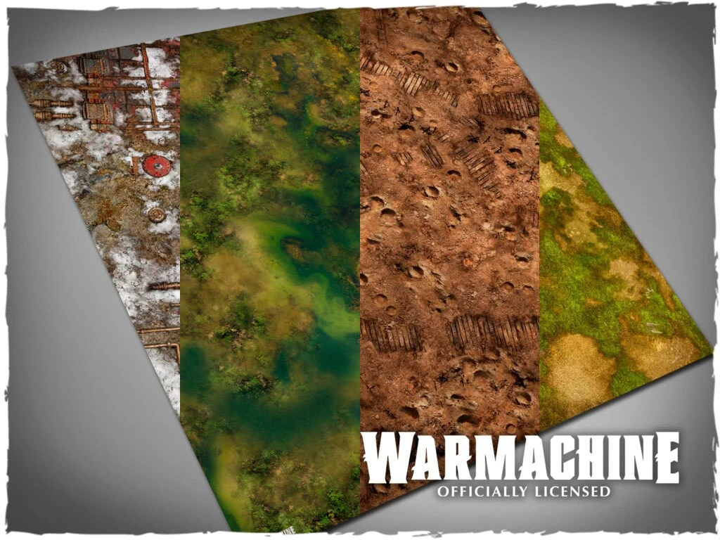 Three distinct game mats for Warmachine are displayed side by side. The left mat features a weathered stone surface with red markings, the center mat showcases a vibrant green and brown marshland, and the right mat presents a textured brown terrain with visible tracks and patches of grass. The bottom of the image includes the text "WARMACHINE OFFICIALLY LICENSED."