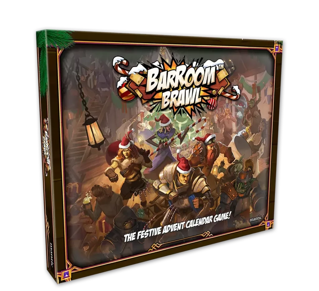 A festive game box titled "Barroom Brawl" features a colorful illustration of various characters engaged in a lively brawl, all wearing Santa hats. The background depicts a bustling tavern scene with hanging lanterns and decorations, enhancing the holiday theme. The text at the bottom reads, "THE FESTIVE ADVENT CALENDAR GAME!" indicating its purpose as an advent calendar for gamers.
