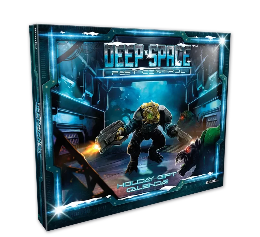 A holiday gift calendar titled "Deep Space Pest Control" features a vibrant, sci-fi themed design. The cover showcases a humanoid character with green skin and a futuristic outfit, wielding a weapon, set against a backdrop of a high-tech space environment. The title is prominently displayed at the top, with bright blue and silver accents enhancing the overall festive and adventurous aesthetic.