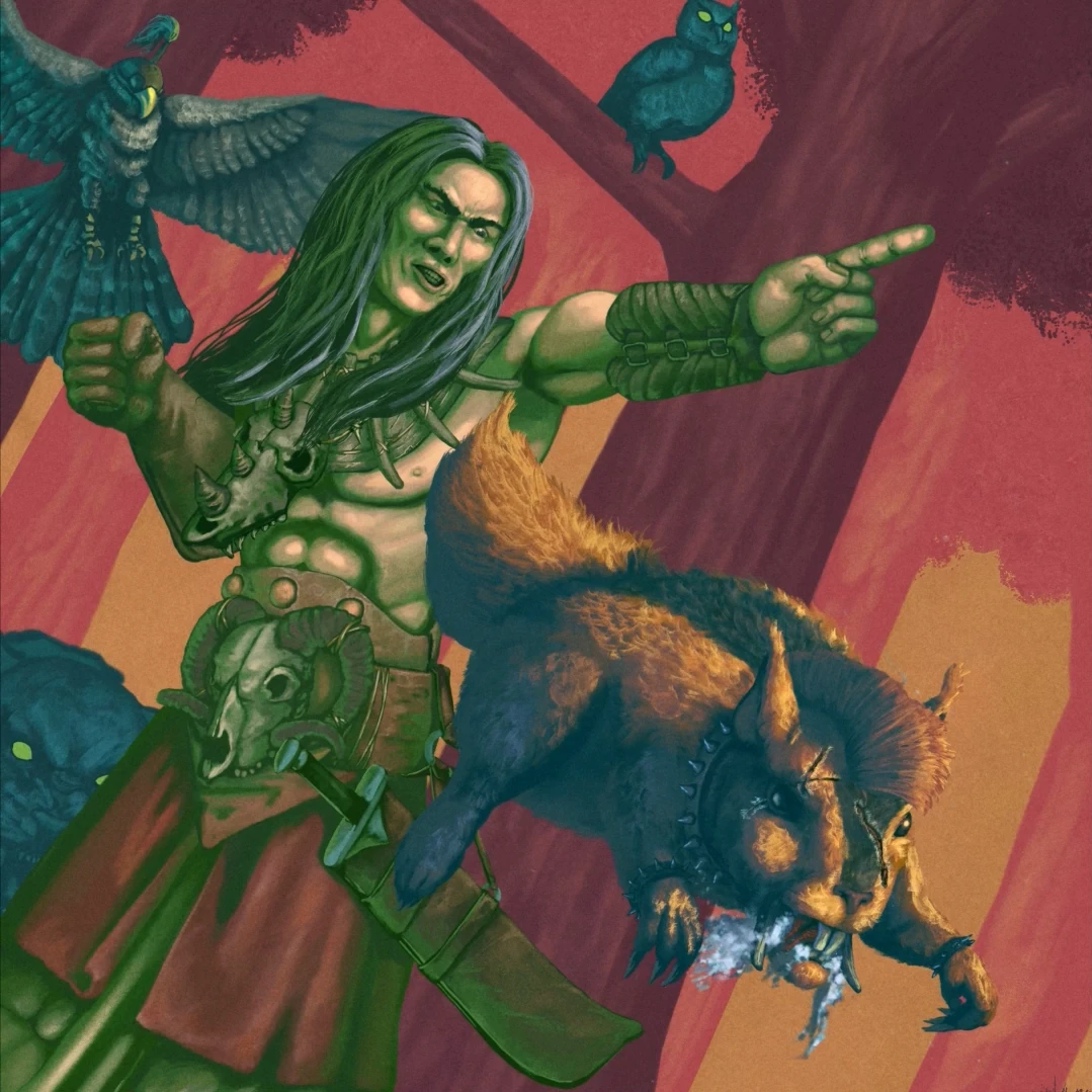 The image features a muscular barbarian warrior with long hair, striking a dynamic pose while pointing forward. He wears a leather harness adorned with skull motifs and a kilt-like garment. In his other arm, he holds a squirrel, which appears to be a companion or pet, showcasing a whimsical element. The background is filled with stylized trees and owls, creating a vibrant, fantasy atmosphere. The color palette includes greens, browns, and reds, enhancing the adventurous and mythical theme of the artwork.