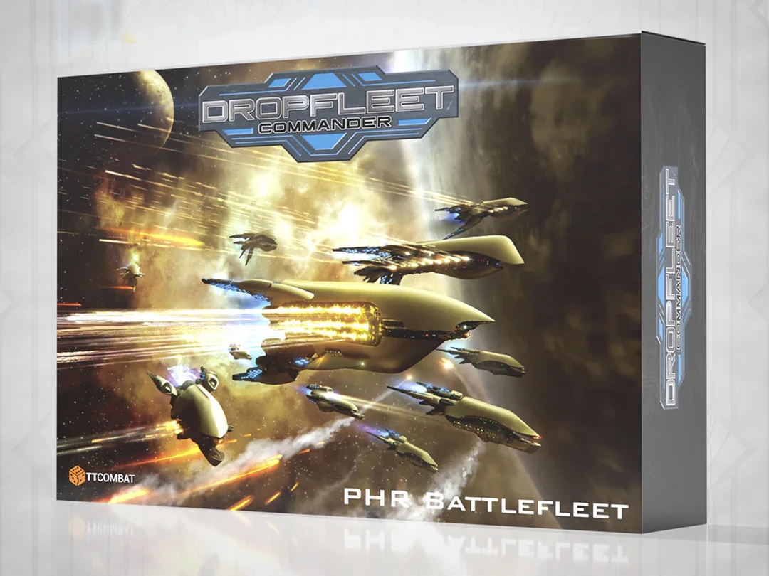 A dynamic illustration showcases a fleet of sleek, futuristic ships from the "Dropfleet Commander" game, prominently featuring the Post-Human Republic (PHR) faction. The ships, characterized by their smooth, aerodynamic designs and glowing engines, are depicted in a space setting with vibrant streaks of light suggesting movement and action. The title "DROPFLEET COMMANDER" is displayed at the top, with "PHR BATTLEFLEET" at the bottom, emphasizing the focus on this particular faction.