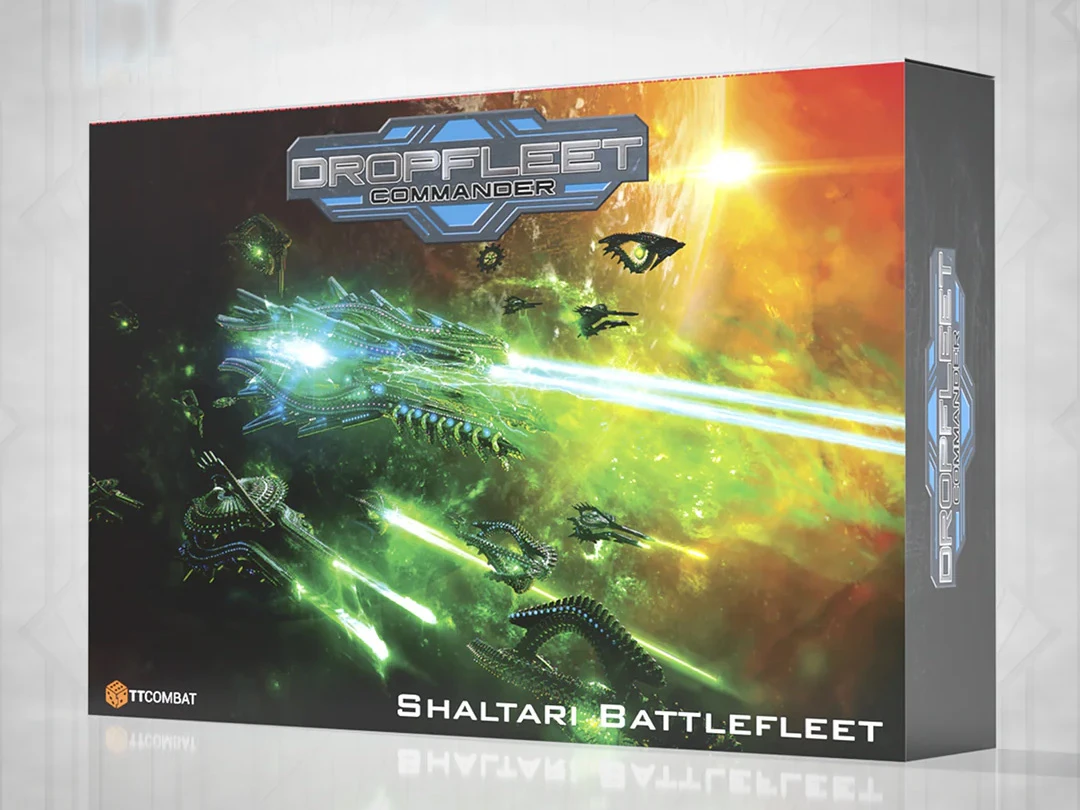A dynamic illustration showcases the Shaltari Battlefleet from the game Dropfleet Commander, featuring sleek, futuristic ships emitting bright green energy beams against a vibrant cosmic backdrop. The ships are intricately designed, with a mix of organic and mechanical elements, reflecting the Shaltari's unique aesthetic. The title "Shaltari Battlefleet" is prominently displayed at the bottom, along with the Dropfleet Commander logo and the TTCombat branding.