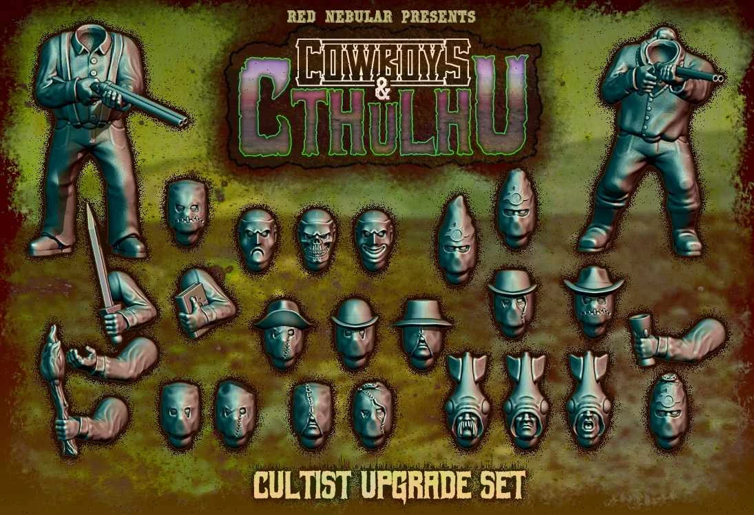 Multi-part tabletop gaming miniature cultist with optional heads and weapons