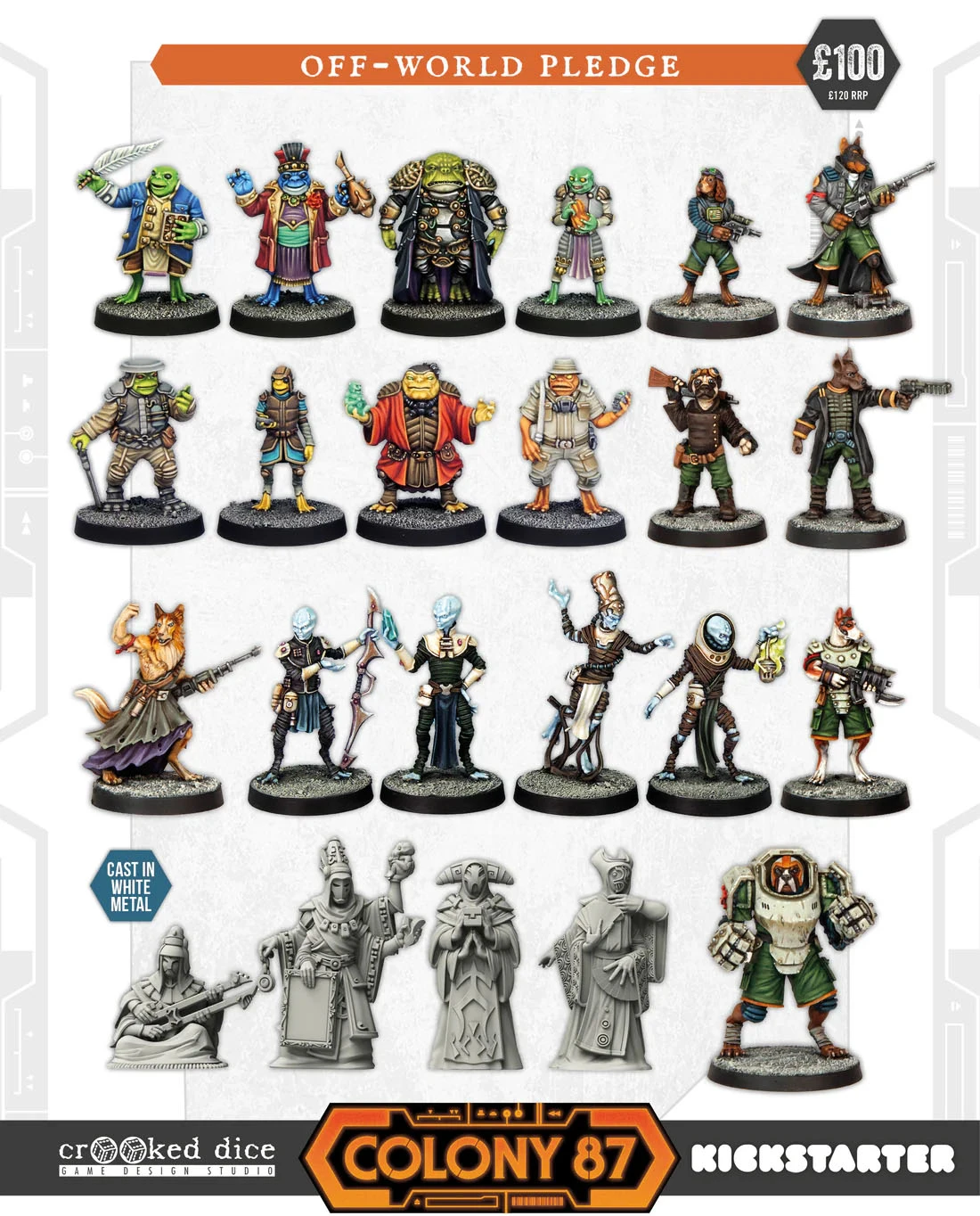 A collection of 28mm scale miniatures from the "Colony 87" Kickstarter campaign is displayed, featuring a variety of characterful figures. The top row includes colorful characters such as humanoid aliens and a creature in a robe, while the bottom row showcases detailed white metal figures, including a robotic character and various alien designs. The "Colony 87" logo is prominently featured at the bottom, along with a note indicating that the miniatures are cast in white metal.
