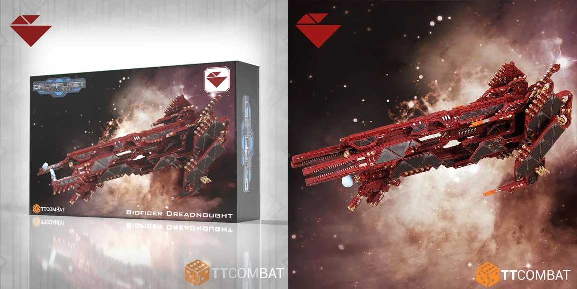 A striking image showcases a Bioficer Dreadnought spaceship, prominently displayed alongside its packaging. The ship features a sleek, angular design in deep red, adorned with intricate details and weaponry, set against a cosmic backdrop filled with stars and nebulae. The packaging includes the title "Bioficer Dreadnought" and a logo, emphasizing the ship's role in the Dropfleet Commander game.