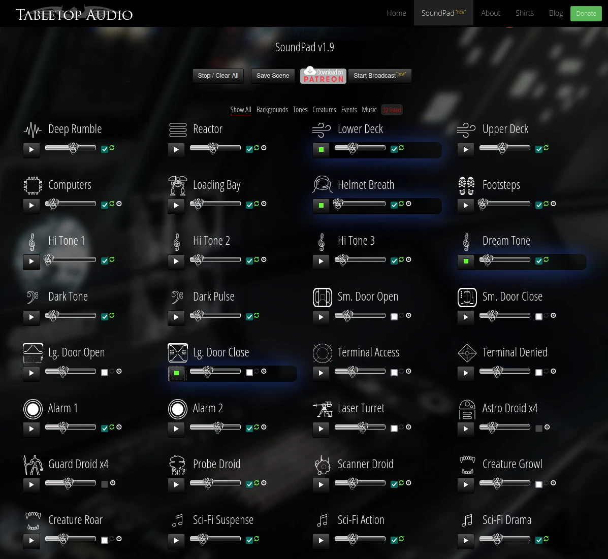 A page from the site showing all the different soundscape elements for starships