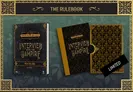 Two ornate, dark green and gold books with intricate patterns on covers. One book is open, revealing the title "Interview with the Vampire" in gold lettering. A black card with "LIMITED" in white text is placed beside them. Background features decorative gold filigree and green foliage.