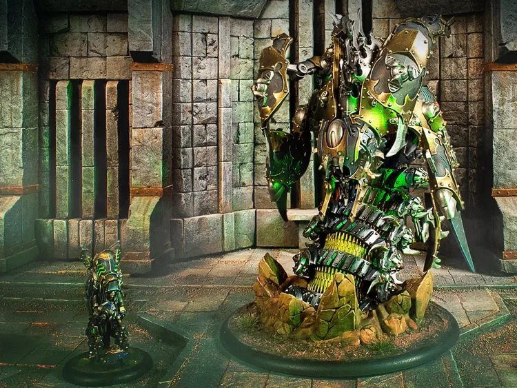 A large, intricately designed mechanical figure stands prominently in a stone-walled environment, showcasing a mix of metallic and organic elements. The figure features glowing green accents and is partially emerging from rocky terrain, emphasizing its imposing presence. The background consists of textured stone walls with visible seams and metallic accents, enhancing the overall atmosphere of a dark, fantastical setting.