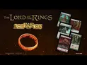 The image features the title "The Lord of the Rings: Ascension" prominently displayed in a stylized font, accompanied by a depiction of The One Ring, which is golden with a dark interior. Surrounding the ring are several game cards showcasing various characters and elements from the Lord of the Rings universe, each with distinct artwork and text. The background is dark and textured, enhancing the fantasy theme of the game.