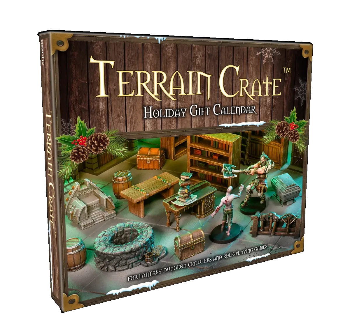 A holiday gift calendar titled "Terrain Crate" is prominently displayed, featuring a wooden background adorned with pinecones and holly. The calendar showcases various miniature terrain pieces, including barrels, crates, a stone well, and a desk, alongside two figures engaged in a fantasy setting. The text on the box indicates it is designed for fantasy dungeon crawlers and role-playing games.