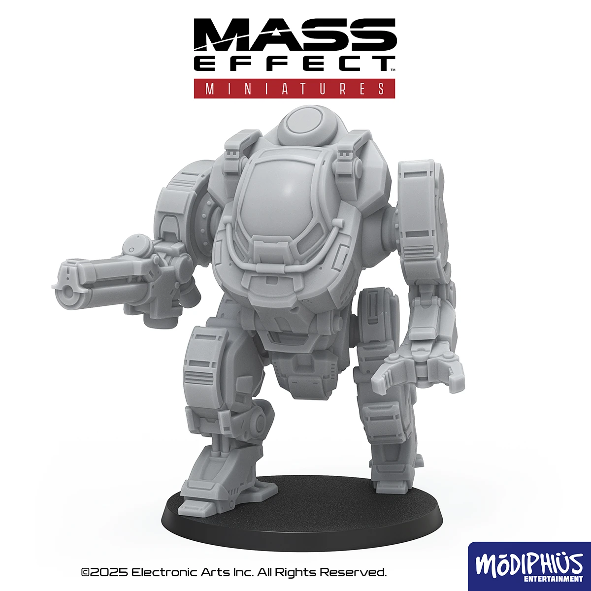 A detailed 3D-rendered miniature of a mech from the Mass Effect universe stands on a circular black base. The mech features a robust, armored design with a rounded torso, articulated limbs, and a weapon mounted on its right arm. The model is presented in a light gray color, showcasing intricate mechanical details and textures, with the Mass Effect logo prominently displayed above.