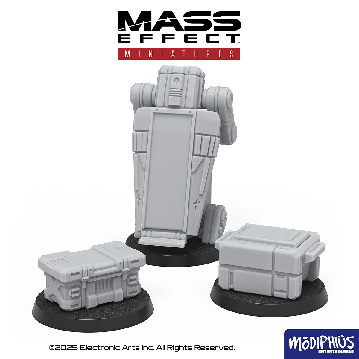 Three unpainted resin miniatures from the Mass Effect universe are displayed against a plain background. The set includes a tall, upright ATLAS Mech, a smaller crate with detailed paneling, and a slightly larger crate with a more complex design, all mounted on circular bases. The miniatures are in a light gray color, showcasing their intricate features and shapes, ready for painting and customization.