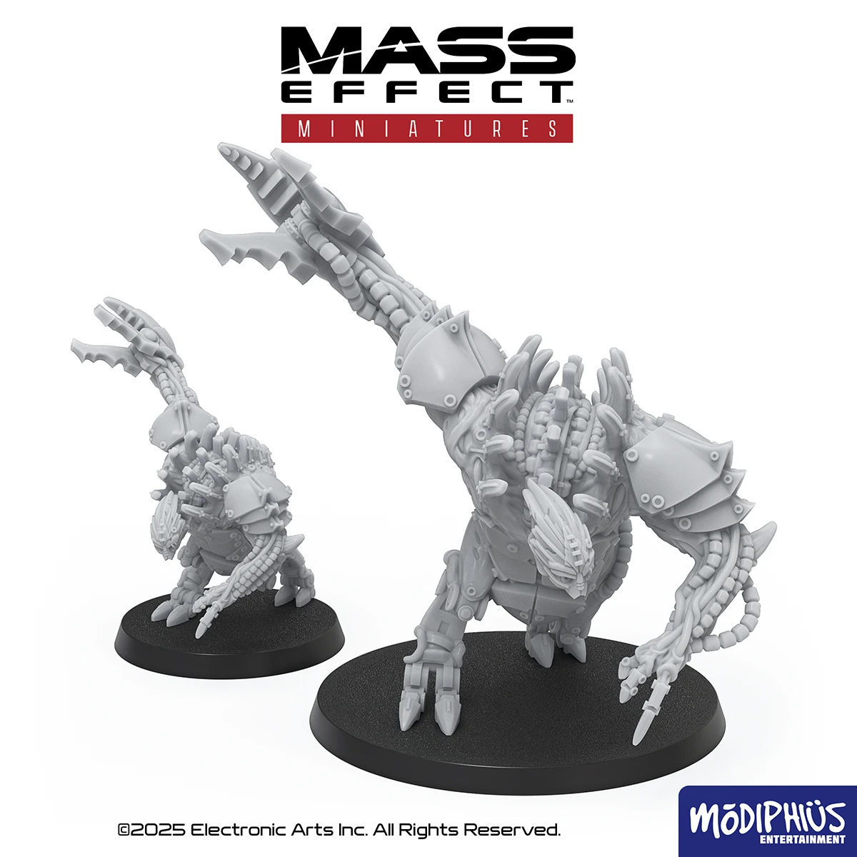 Two detailed miniature figures from the Mass Effect universe are displayed, both in a gray resin finish. The larger figure on the right features a menacing design with multiple limbs, armored plating, and a distinctive head, while the smaller figure on the left has a similar aesthetic but is more compact. Both are mounted on circular black bases, emphasizing their dynamic poses. The Mass Effect logo is prominently featured at the top of the image, along with the Modiphius Entertainment branding at the bottom.