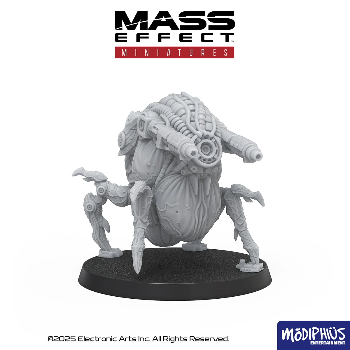 A detailed miniature of a creature from the Mass Effect universe, featuring a bulbous body with intricate mechanical details and multiple spindly legs. The figure is presented in a light gray resin, showcasing its complex design, including tubes and appendages. It stands on a circular black base, emphasizing its presence as a gaming piece.