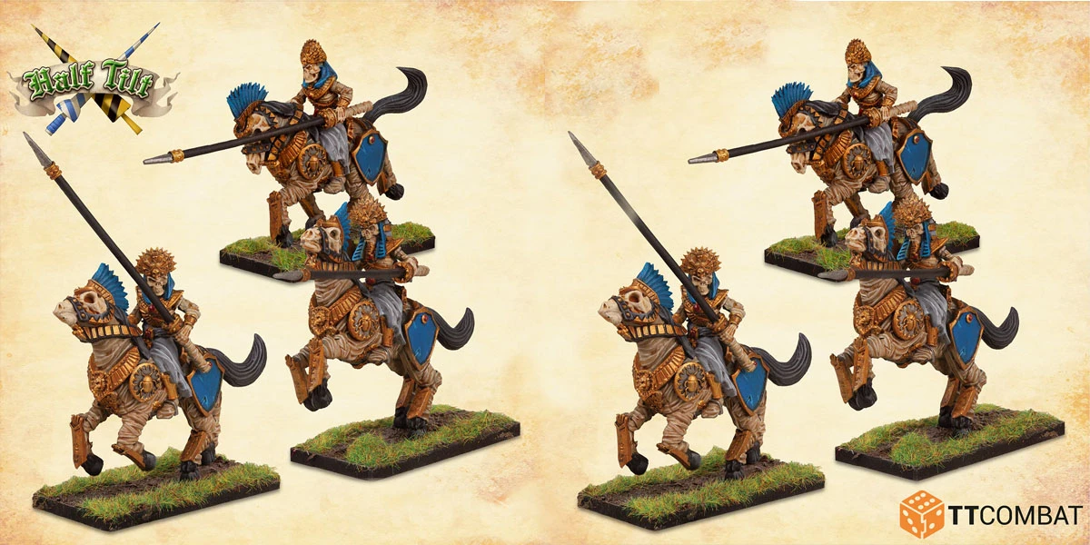 A set of four skeletal knights on horseback, each adorned in ornate armor with blue accents, is depicted in various poses. The knights wield lances and wear distinctive helmets, while their horses feature skeletal heads and decorative elements. The bases are covered in green grass, enhancing the fantasy theme of the scene.