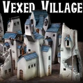 A collection of quirky, ramshackle buildings from the Vexed Village set, featuring skewed proportions and angles that create a surreal aesthetic. The structures are predominantly white with blue roofs, showcasing a mix of intact and ruined designs, including crumbling walls and a partially destroyed tower. The title "Vexed Village" is prominently displayed at the top in bold, stylized lettering against a dark background.