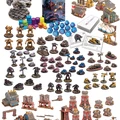 A diverse array of miniatures and game components for the tabletop wargame "Hardwar" is displayed. The collection includes various mechs, tanks, and vehicles in 6mm scale, alongside infantry figures and detailed buildings such as power stations and farms. Game elements like tokens, dice, and cards are also present, all set against a backdrop of vibrant colors and distinct designs that reflect the unique aesthetics of the different factions.