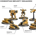 A collection of miniature models from the "Consortium Security Squadron" features various vehicles and walkers, all painted in a striking yellow color scheme. The lineup includes two walkers named Ranger and Svartalf, alongside several vehicles such as Longinus, Montgomery, and Verdun, as well as the Mosstrooper AA and Zeus. A Mauser Support flyer is also present, showcasing a diverse array of futuristic military units suitable for the 6mm scale tabletop wargame.